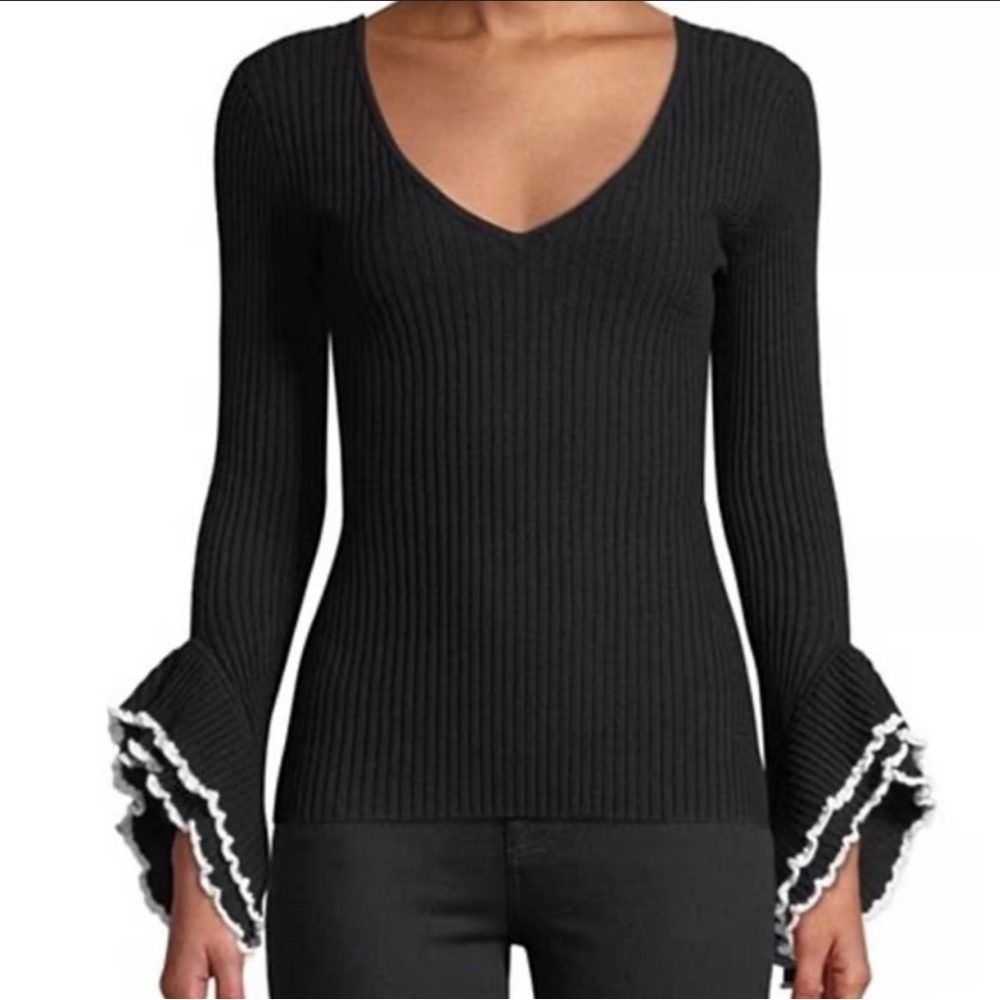 Milly | Ribbed Ruffle Bell Sleeve V-Neck Knit Top | Small
